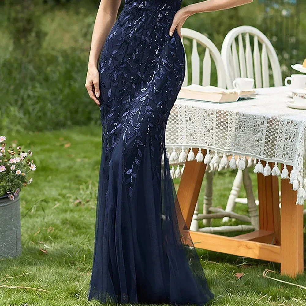 NEW NAVY MOTHER OF BRIDE EVENING FORMAL SHEATH GLITTERY LONG DRESS GOWN AC7707 - Picture 2 of 7